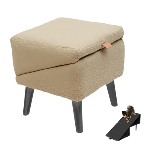 2-in-1 Convertible Wooden Home Step Stool Dog Ramp Stairs, Folding Dog Ramp for Bed, Transformable Split Ottoman Pet Ramps, Foldable Non Slip Stairs for Couch, For Injured Dogs and Cats(Khaki,Cotton a