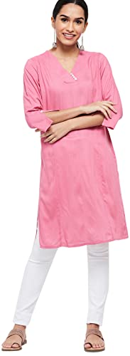 Image of Max Women Rayon Regular Solid Three-Quarter Sleeves Straight Kurta