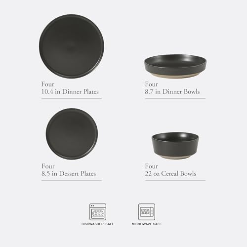 Image of Gibson Elite Overbrook 16-Piece Pottery Clay Stoneware Dinnerware Set - Black Reactive Glaze, Stackable Plates and Bowls W /Pasta Bowl, Service for 4 - Microwave & Dishwasher Safe