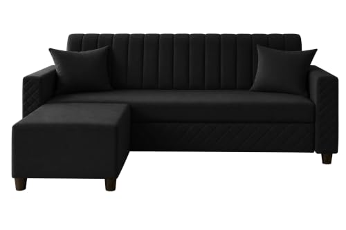 Image of 3 Seater Velvet Sofa with Ottoman | Modern Upholstered Couch | Quilted Design | Soft Comfortable Seating | Sturdy Wooden Frame | Living Room, Office - Black