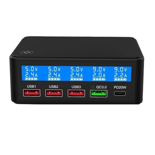 Caricatore Multiplo, usb veloce QC PD da 65 W Stazione di ricarica intelligente a 5 porte Hub Adattatore di ricarica rapida Caricatore USB C Caricabatterie da tavolo con display