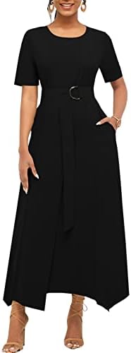 ZonJie Black Casual Evening Prom Gown Maxi Dresses for Women Elegant Crew Neck Short Sleeve Loose Long Formal Party Dress with Belt