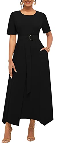 Zonjie Black Casual Evening Prom Gown Maxi Dresses For Women Elegant Crew Neck Short Sleeve Loose Long Formal Party Dress With Belt #TOP28