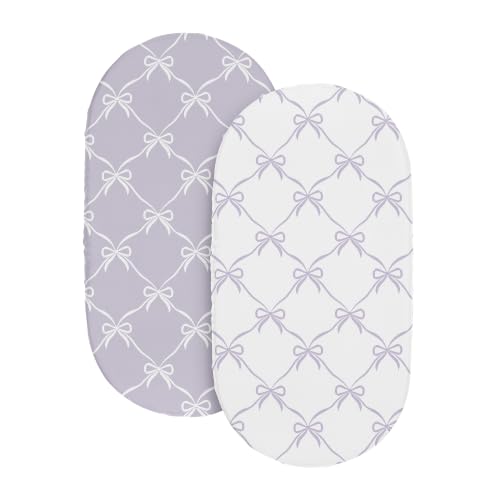 Image of Sweet Jojo Designs 2-Piece Baby Bassinet Sheets Set (White and Purple Bows) for Girls, Infant Newborn Nursery, Oval, Rectangle & Hourglass Mattress (Princess, Lavender Bow, Vintage Coquette Aesthetic)