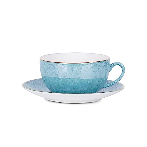 Image of Dandy Lines Tea for One Set in Aqua Gold, Elegant Tea Set with Kettle, Premium Tea Cups and Pot, Bone China, Pack of 4, Microwave & Dishwasher Safe, Great for Hosting & Gifting