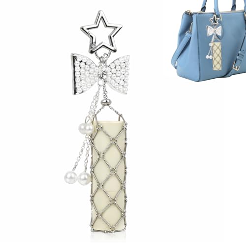 Image of MAYCREATE Bag Charms Y2K Metal Net Lipstick Holder Keychain with Touch Up Mirror, Fashion Golden Makeup Lipstick Balm Organizer Portable Chic Bag Charm Accessories
