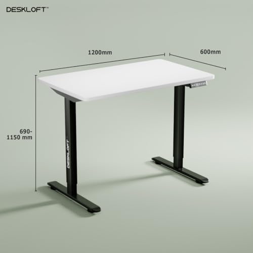 Image of Height Adjustable Electric Standing Desk | Ergonomic Sit Stand Workstation with Walnut Wood Grain Desktop | Motorized Computer Desk for Home Office (Black Frame & White Top, 1200 x 600 mm)
