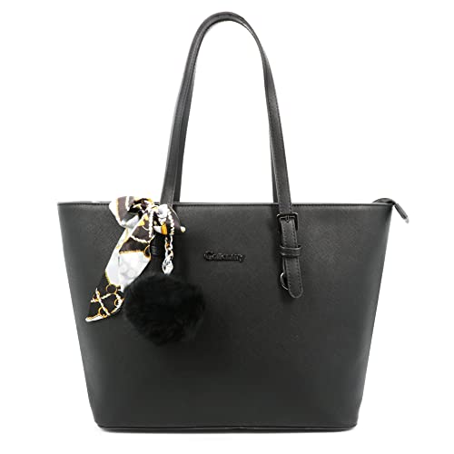 Gallantry - Sac à Main Femme Pompon Fourrure en Soie Imprimé - Sac Shopping Fourre-Tout Format A4 Cours Lycée - Sac Cabas Similicuir Effet Saffiano - Elégant Tendance - Noir Cover