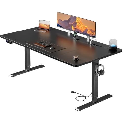 HLFURNIEU Escritorio Elevable Electrico 160 x 80 cm, Mesa Escritorio Elevable con Enchufes & Puertos USB, Mesa Regulable en Altura con 3 Control de Memoria, Standing Desk Negro