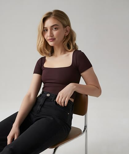 Image of SIGHTBOMB SOFTLINE SQUARE NECK DOUBLE LAYER SHORT SLEEVE MICROFIBER CUDDLE TEE AFFORD LUX EDITION FEATHER TOUCH TOP FOR WOMEN