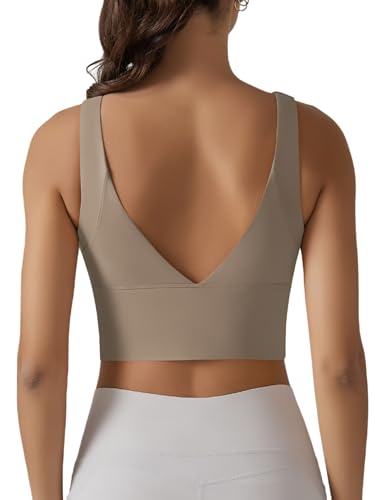 Image of ABOCIW Longline Sports Bra for Women V Back Wireless Padded Medium Support Yoga Bra Workout Crop Tank Tops