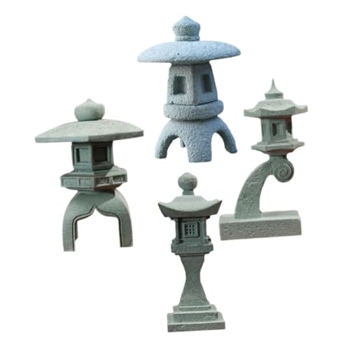 Cabilock Estatuas de Piedra Japonesa para Acuario 4 Piezas, Linternas de Jardín Zen Pequeñas Hexagonal, Redonda, Cuadrada y Alta, Decoración de Interiores, Adorno de Bonsái y