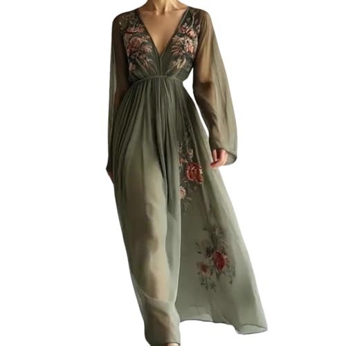 Women's V-Neck Long-Sleeved Dress A-Line Flowing Floral Print Maxi Dress, Casual, Fashionable and Elegant
