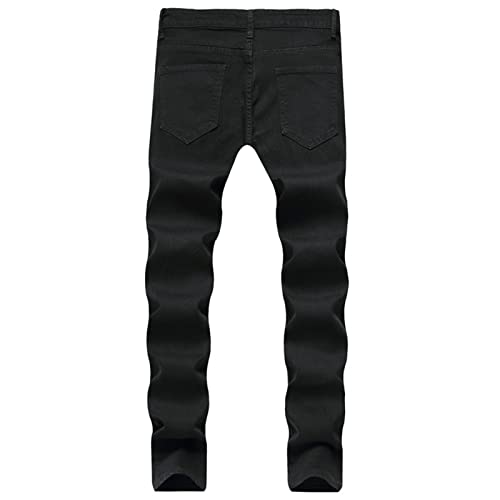 Men's Classic Skinny Elastic Waist Retro Jeans Washed Zipper Deco Stretch Denim Pants Ripped Hole Moto Trousers (Black,Large,5,OZ)3
