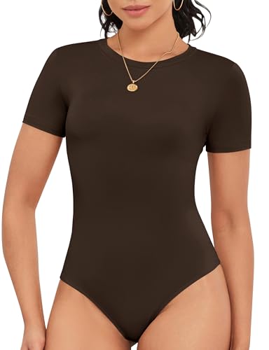 Image of Cute Short Sleeve Tank Tops Bodysuit for Women Crew Neck Casual 2026 Summer Tops