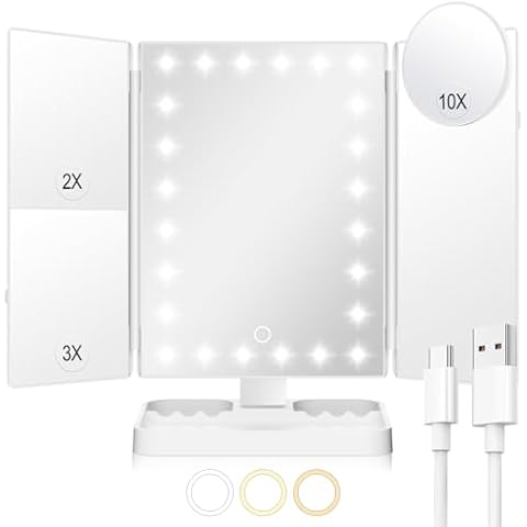 HUONUL Rechargeable Makeup Mirror with 3 Color Lights, 2000mAh Lighted Makeup Mirror, Magnetic 10X Magnifying Mirror, 360 Degree Rotation, Portable Vanity Mirror, Women Gift (Magnetic 10X-White) Cover