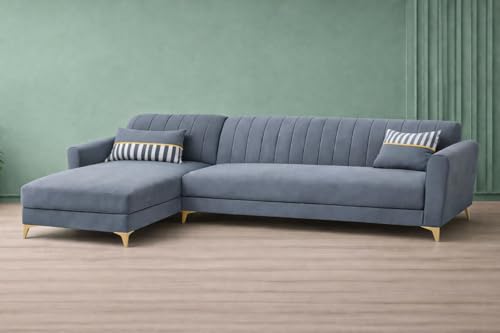 Image of Adorn India Premium Luster 6 Seater L Shape Sofa Set | Velvet Suede Fabric | 3-Year Warranty | LHS |Color Grey with Golden Legs & Striped Pattern Cushion