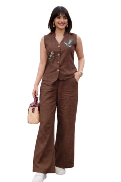 Image of Lyssa Yellow Ember Embroidered Co-Ord Set for Women, Sleeveless Vest with Wide-Leg Trousers