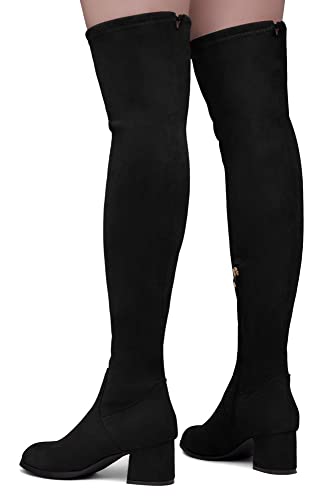Shoe Land Caraa Women’s Thigh High Stretchy Boots Block Heel Side Zipper Back Lace Over The Knee Casual Boots Black 11.0 #TOP4