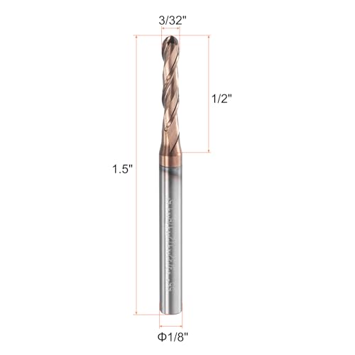 Image of HARFINGTON Ball Nose End Mill 2 Flute 3 /32 inch Diameter 1 /8 inch Shank Tungsten Carbide TiAlN Coated Spiral CNC Router Bits 1 /2 inch Cutting Length Single End Ball for Engrave Carving Machine Tools