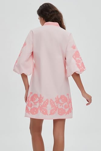 Image of D-Sun Women Floral Embroidery Mini Dress 3 /4 Puff Sleeves V Neck Tunic Mini Dress Zip Party Dresses