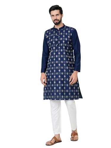 Image of See Designs Men's Full Sleeve Mandarin Collar Ethnic Motifs Embroidered Sequinned Mandarin Collar Straight Long Kurta with Pyjama - Festive Collection