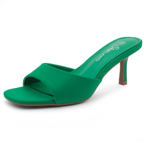 Image of Shoe Land Women's Low Heels Stiletto Heeled Slides, Open Toe One Band Slip-On Heeled Mules - Dressy Heeled Sandals for Prom, Party Wedding and Vacation