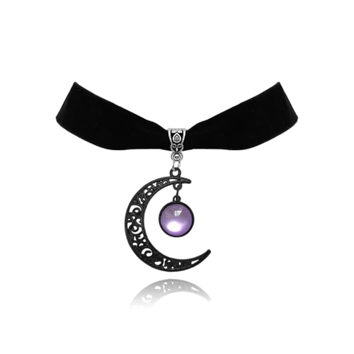 Meztole Gothic Black Velvet Moon Crystal Choker Necklace for Women,Black Choker Moon Necklace Vintage Punk Crescent Necklaces Goth Jewelry Witch Costume Accessories (Purple)
