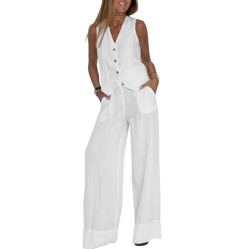 Geleglaer Women's Cotton Linen Pants Sets Outfits 2 Piece Summer Sleeveless V Neck Button Vests Jacket and Palazzo Pants Suit