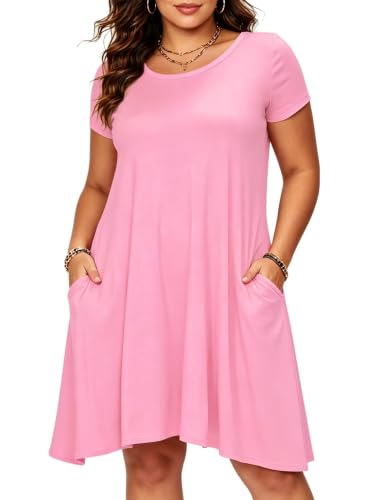 Image of Afibi Womens Short Sleeve Loose Pockets Dress Casual Swing T-Shirt Dresses
