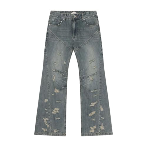Men's Denim Pants Straight Worn-Out Hole Pleated Bottom Wide Leg Solid Color Jeans