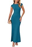 MEROKEETY Women's Cap Sleeve Rib Knit Maxi Dress Crew Neck Slim Fit Bodycon Summer Sweater Dresses, Teal, S