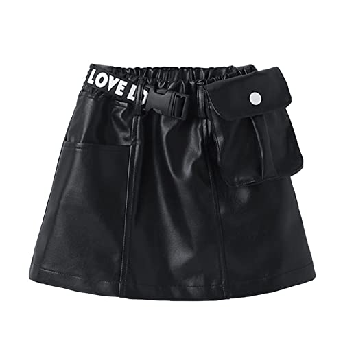 Toddler Little Girls Letter Ribbon Buckle Belted PU Leather Mini Skirts (7 Years, Black-B)