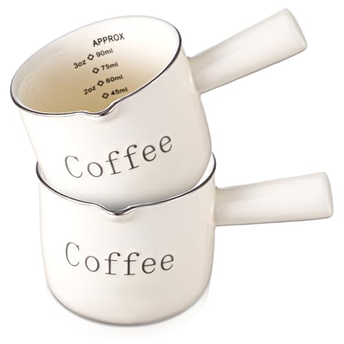 Maxdot 2 Pack Espresso Shot Cups, Ceramic Expresso Measuring Cup with Handle V-shaped Mouth and Dual Scale, 3oz / 90ml, Easy to See the Volume, Coffee Making Accessories, Gifts for Christmas