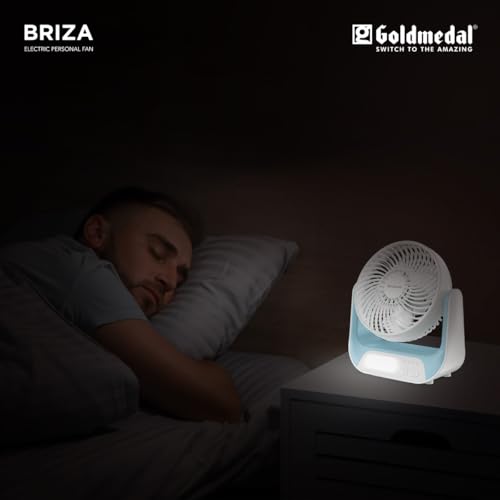 Image of Goldmedal Briza 150 mm Mini Portable Fan| Desk Mounted| Type-C USB-Powered Rechargeable Battery with 8-9 Hours Backup| 2-Light Brightness Dimming| Personal Fan for Home & Office (White-Blue)