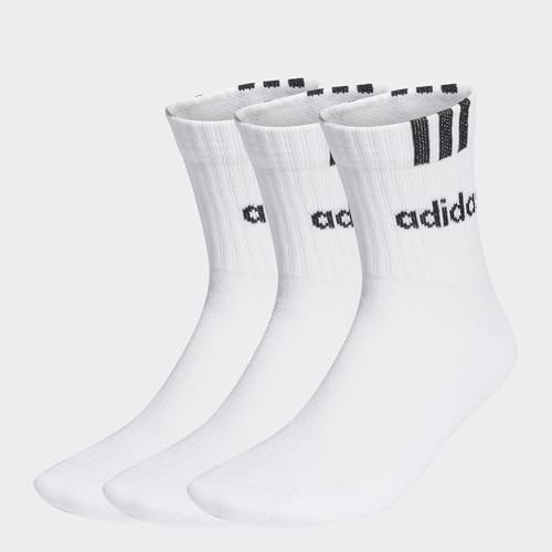 adidas Unisex 3-Stripes Linear Half-Crew Cushioned Socks 3 Pairs, White/Black, 8.5-10