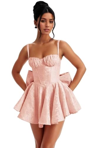 RSOETOO Satin Short Cocktail Dresses with Bows for Teens Spaghetti Straps Cocktail Prom Gowns RO199