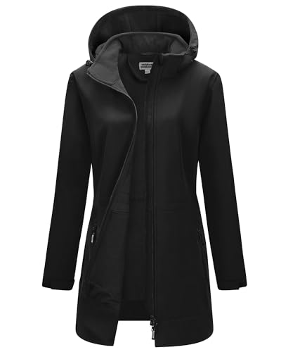 Outdoor Ventures Women's Softshell Jacket with Removable Hood Fleece Lined Windbreaker Insulated Long Warm Rain Jacket