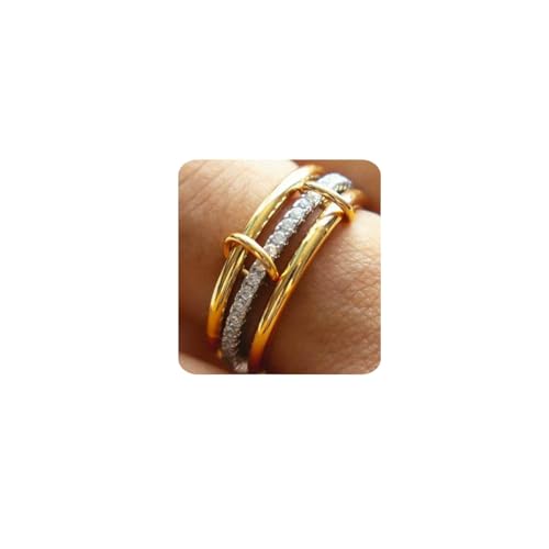 MUMREUES Gold Ringe Damen stapelbar 14K Gold plattiert - Verzahnte Weißgold/Gelbgold Zirkonia Schmuck Stacking Ringe Geschenkbox Größe 54
