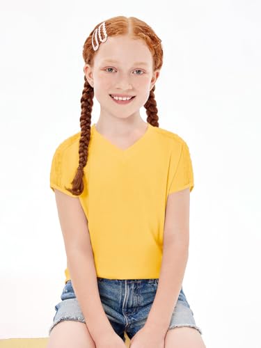 Image of Haloumoning Girls V Neck T-Shirts Kids Summer Swiss Dot Short Sleeve Tops Cute Fashion Tees 5-14 Years