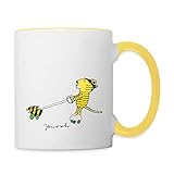 Spreadshirt Janosch Tiger Und Tigerente Auf Rollschuhen Tasse zweifarbig, Weiß/Gelb