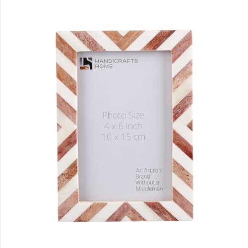 Handicrafts Home 4 by 6 Brown Vintage Picture Frame – Handmade chevron Bone Inlay Photo Frame for Rustic Farmhouse Decor, Neutral Home Aesthetic, Modern Boho Wall Decor, Vintage Shelf Styling, Living Room & Bedroom Picture Frame, Perfect for Wedding, Christmas Gift, Decor & Holiday