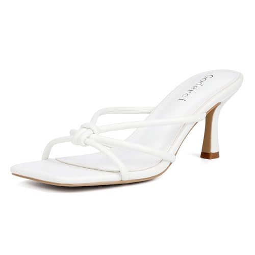 Image of Goderci Kitten Strappy Heels for Women Knotted Square Open Toe Slip On Mule Heels Mid Heeled Sandals
