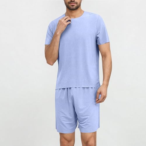 Men Summer Pajamas Set Soft Silk Sleepwear Crewneck Short Sleeve Tshirts Loose Shorts Loungewear Pjs Comfy Nightwear2