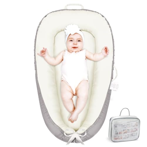 Image of TADAKAZU Baby Lounger - Infant Lounger for Newborn 0-24 Months, Pure Cotton Breathable Baby Nest Cover, Newborn Essentials for Baby Boys&Girls, Portable Baby Bed for Home and Travel,Beige
