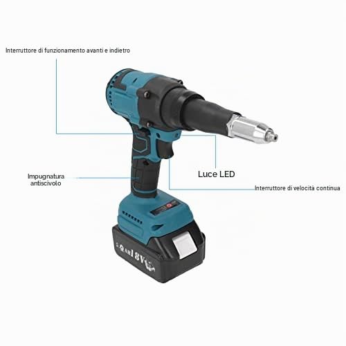 Rivettatrice Elettrica a Batteria 18V, Pistola per Rivetti Elettrica, Senza Spazzole Blu LED Pistola per Rivetti, Automatici BL1815 3,2-4,8 mm Rivettatrice a Batteria non in