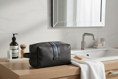 Image of Kenneth Cole Unisex Toiletry Bag | Animal Print Textured Faux Leather | Vegan Dopp Kit with Side Handle | Men's & Women's Stylish Travel Pouch for Grooming Essentials | Black