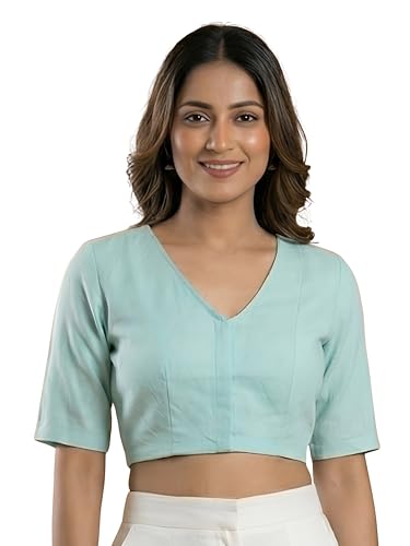 Image of Yash Gallery Women's Stretchable Rayon Lycra V-Neck Short Sleeve Front Open with Hook Stylish Crop Blouse Top for Ethnic Beige Designer Festive Choli Blouse