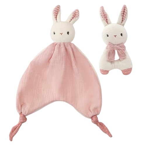 Image of CUDDLE CORNER Organic Cotton Stuffed Animal Rattle Baby Toys, Plush Bunny Cuddle Cloth and Hand Grip Ring Rattles Plush Toy Set for Newborns Infant Boys Girls, 2 PCS