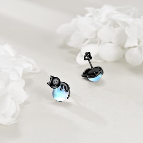 Birthstone Cat Earrings Sterling Silver Black Cat Stud Earrings Cats Jewelry Birthday Gift for Women4